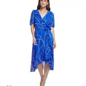 DKNY Blue Metallic Faux Wrap Dress Puff Sleeve Midi Size 8